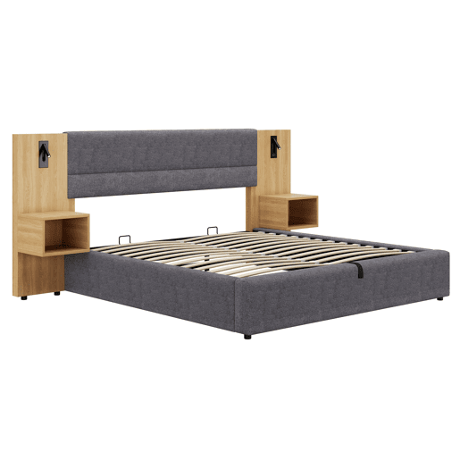 Cama grande para arrumação 160x200 cm estofada em veludo - com porta USB e LED - 2 mesas de cabeceira - Cinzento e Natural