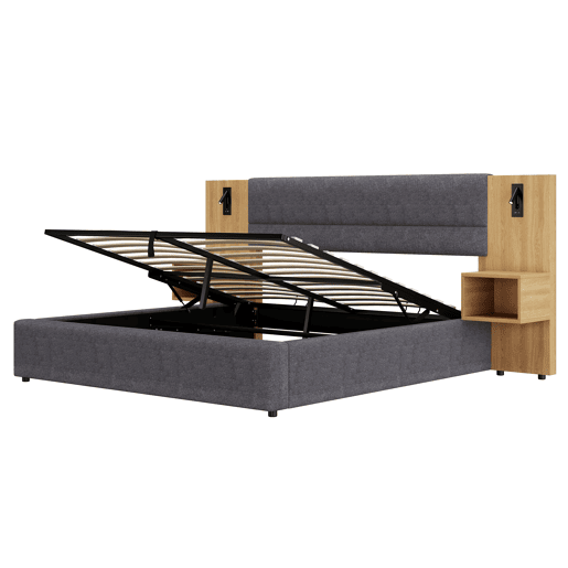 Cama grande para arrumação 160x200 cm estofada em veludo - com porta USB e LED - 2 mesas de cabeceira - Cinzento e Natural
