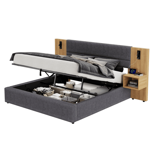 Cama grande para arrumação 160x200 cm estofada em veludo - com porta USB e LED - 2 mesas de cabeceira - Cinzento e Natural