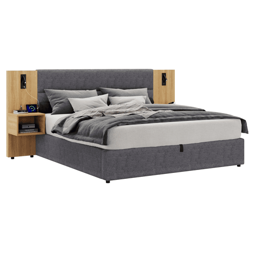 Cama grande para arrumação 160x200 cm estofada em veludo - com porta USB e LED - 2 mesas de cabeceira - Cinzento e Natural