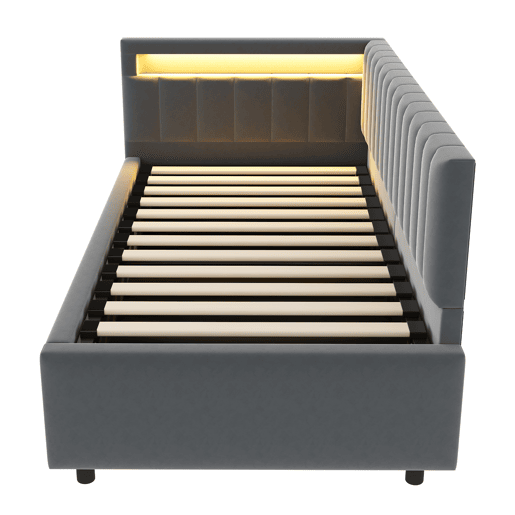 Sofá-cama 90x200 - com LED, armazenamento hidráulico, design com riscas verticais, cabeceiras laterais ajustáveis, estrado, veludo - Cinza Sofá-cama 90x200 - com LED, armazenamento hidráulico, design com riscas verticais, cabeceiras laterais ajustáveis, estrado, veludo - Cinza