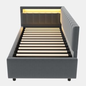 Sofá-cama 90x200 - com LED, armazenamento hidráulico, design com riscas verticais, cabeceiras laterais ajustáveis, estrado, veludo - Cinza