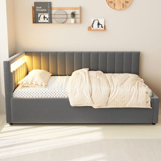 Sofá-cama 90x200 - com LED, armazenamento hidráulico, design com riscas verticais, cabeceiras laterais ajustáveis, estrado, veludo - Cinza Sofá-cama 90x200 - com LED, armazenamento hidráulico, design com riscas verticais, cabeceiras laterais ajustáveis, estrado, veludo - Cinza
