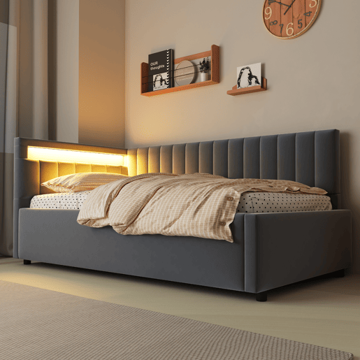 Sofá-cama 90x200 - com LED, armazenamento hidráulico, design com riscas verticais, cabeceiras laterais ajustáveis, estrado, veludo - Cinza Sofá-cama 90x200 - com LED, armazenamento hidráulico, design com riscas verticais, cabeceiras laterais ajustáveis, estrado, veludo - Cinza