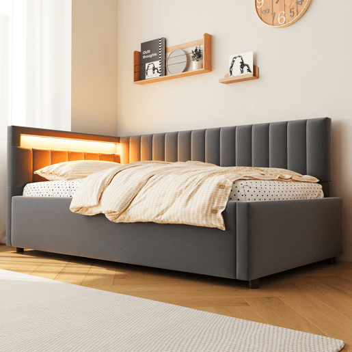 Sofá-cama 90x200 - com LED, armazenamento hidráulico, design com riscas verticais, cabeceiras laterais ajustáveis, estrado, veludo - Cinza Sofá-cama 90x200 - com LED, armazenamento hidráulico, design com riscas verticais, cabeceiras laterais ajustáveis, estrado, veludo - Cinza
