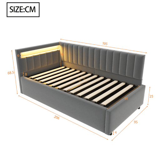 Sofá-cama 90x200 - com LED, armazenamento hidráulico, design com riscas verticais, cabeceiras laterais ajustáveis, estrado, veludo - Cinza Sofá-cama 90x200 - com LED, armazenamento hidráulico, design com riscas verticais, cabeceiras laterais ajustáveis, estrado, veludo - Cinza