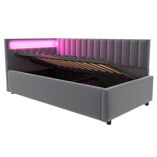 Sofá-cama 90x200 - com LED, armazenamento hidráulico, design com riscas verticais, cabeceiras laterais ajustáveis, estrado, veludo - Cinza Sofá-cama 90x200 - com LED, armazenamento hidráulico, design com riscas verticais, cabeceiras laterais ajustáveis, estrado, veludo - Cinza