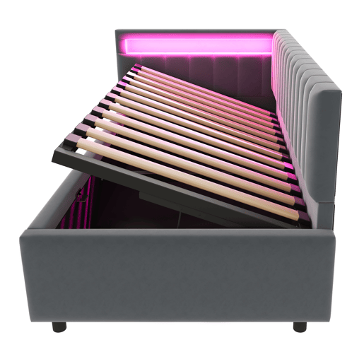 Sofá-cama 90x200 - com LED, armazenamento hidráulico, design com riscas verticais, cabeceiras laterais ajustáveis, estrado, veludo - Cinza Sofá-cama 90x200 - com LED, armazenamento hidráulico, design com riscas verticais, cabeceiras laterais ajustáveis, estrado, veludo - Cinza