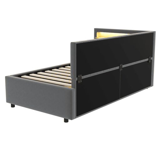 Sofá-cama 90x200 - com LED, armazenamento hidráulico, design com riscas verticais, cabeceiras laterais ajustáveis, estrado, veludo - Cinza Sofá-cama 90x200 - com LED, armazenamento hidráulico, design com riscas verticais, cabeceiras laterais ajustáveis, estrado, veludo - Cinza