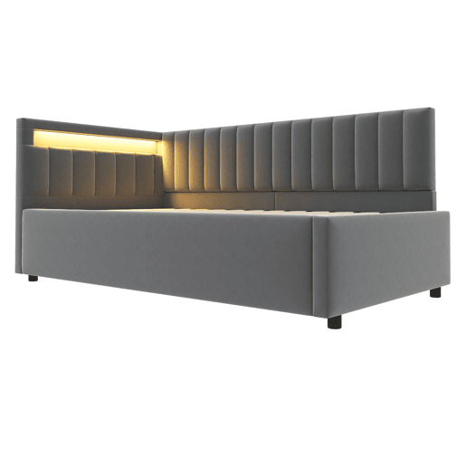 Sofá-cama 90x200 - com LED, armazenamento hidráulico, design com riscas verticais, cabeceiras laterais ajustáveis, estrado, veludo - Cinza Sofá-cama 90x200 - com LED, armazenamento hidráulico, design com riscas verticais, cabeceiras laterais ajustáveis, estrado, veludo - Cinza