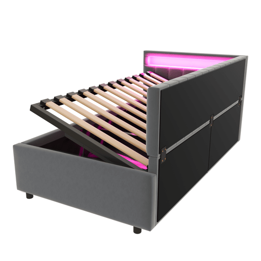 Sofá-cama 90x200 - com LED, armazenamento hidráulico, design com riscas verticais, cabeceiras laterais ajustáveis, estrado, veludo - Cinza Sofá-cama 90x200 - com LED, armazenamento hidráulico, design com riscas verticais, cabeceiras laterais ajustáveis, estrado, veludo - Cinza