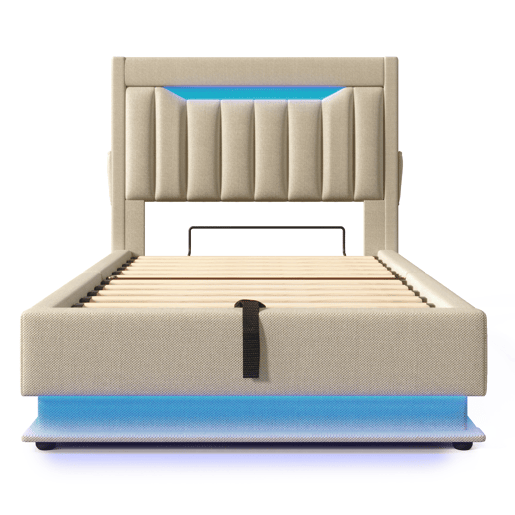 Cama individual 90x200 cm - Cabeceira com arrumação, portas USB e Type-C, iluminação LED, espaço de arrumação hidráulico - Bege Cama individual 90x200 cm - Cabeceira com arrumação, portas USB e Type-C, iluminação LED, espaço de arrumação hidráulico - Bege