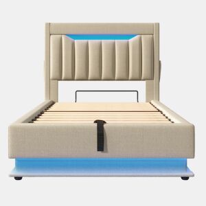 Cama individual 90x200 cm - Cabeceira com arrumação, portas USB e Type-C, iluminação LED, espaço de arrumação hidráulico - Bege