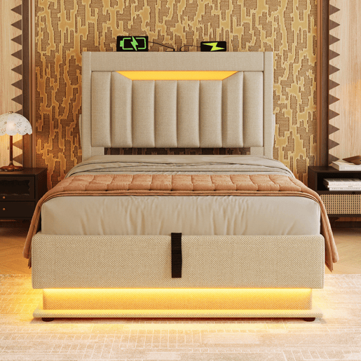Cama individual 90x200 cm - Cabeceira com arrumação, portas USB e Type-C, iluminação LED, espaço de arrumação hidráulico - Bege Cama individual 90x200 cm - Cabeceira com arrumação, portas USB e Type-C, iluminação LED, espaço de arrumação hidráulico - Bege