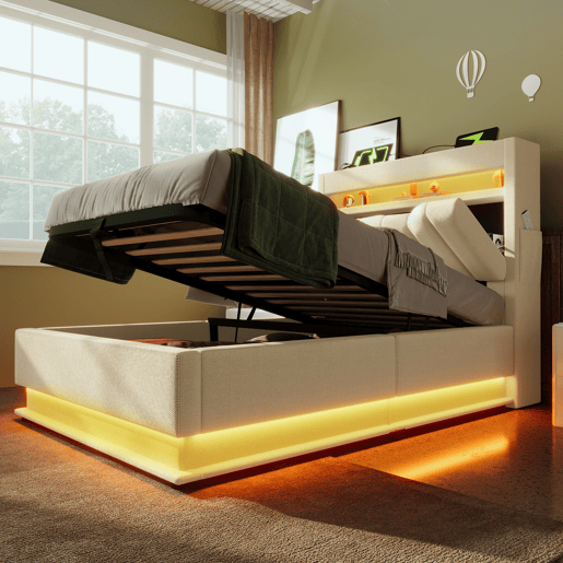 Cama individual 90x200 cm - Cabeceira com arrumação, portas USB e Type-C, iluminação LED, espaço de arrumação hidráulico - Bege Cama individual 90x200 cm - Cabeceira com arrumação, portas USB e Type-C, iluminação LED, espaço de arrumação hidráulico - Bege