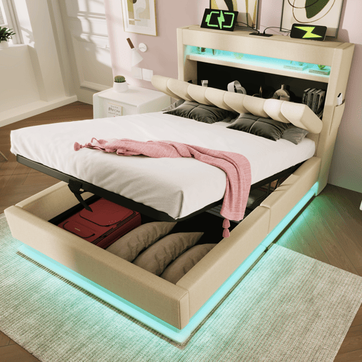 Cama individual 90x200 cm - Cabeceira com arrumação, portas USB e Type-C, iluminação LED, espaço de arrumação hidráulico - Bege Cama individual 90x200 cm - Cabeceira com arrumação, portas USB e Type-C, iluminação LED, espaço de arrumação hidráulico - Bege