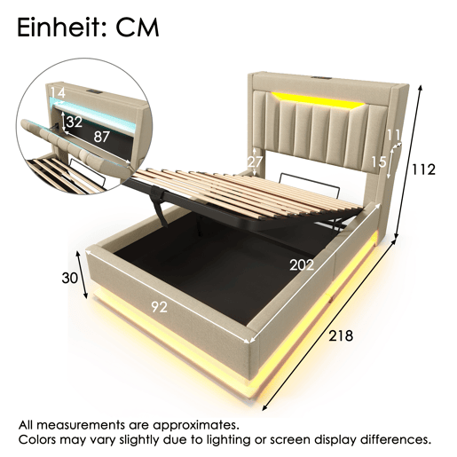 Cama individual 90x200 cm - Cabeceira com arrumação, portas USB e Type-C, iluminação LED, espaço de arrumação hidráulico - Bege Cama individual 90x200 cm - Cabeceira com arrumação, portas USB e Type-C, iluminação LED, espaço de arrumação hidráulico - Bege