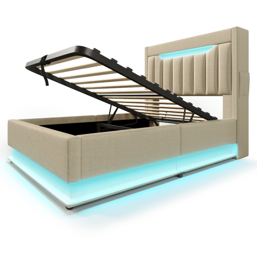 Cama individual 90x200 cm - Cabeceira com arrumação, portas USB e Type-C, iluminação LED, espaço de arrumação hidráulico - Bege Cama individual 90x200 cm - Cabeceira com arrumação, portas USB e Type-C, iluminação LED, espaço de arrumação hidráulico - Bege
