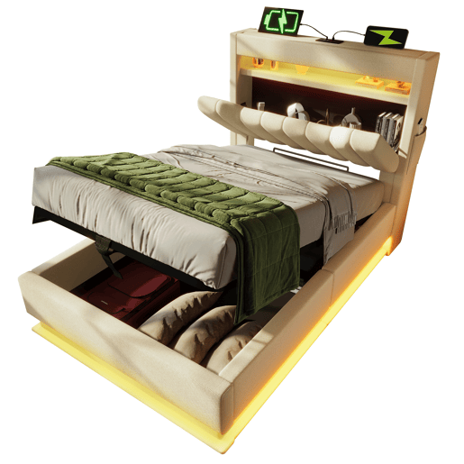 Cama individual 90x200 cm - Cabeceira com arrumação, portas USB e Type-C, iluminação LED, espaço de arrumação hidráulico - Bege Cama individual 90x200 cm - Cabeceira com arrumação, portas USB e Type-C, iluminação LED, espaço de arrumação hidráulico - Bege