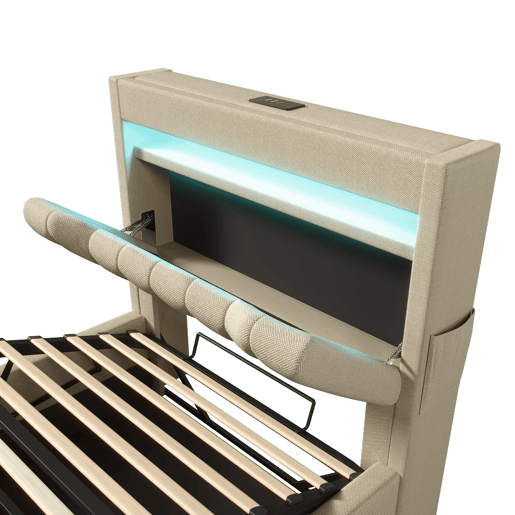 Cama individual 90x200 cm - Cabeceira com arrumação, portas USB e Type-C, iluminação LED, espaço de arrumação hidráulico - Bege Cama individual 90x200 cm - Cabeceira com arrumação, portas USB e Type-C, iluminação LED, espaço de arrumação hidráulico - Bege