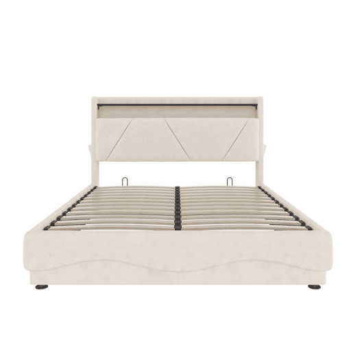 Cama estofada 160x200 cm - Cabeceira com LED e prateleiras, espaço de armazenamento adicional, base de gás silenciosa, portas USB certificadas, bolsos laterais - Bege Cama estofada 160x200 cm - Cabeceira com LED e prateleiras, espaço de armazenamento adicional, base de gás silenciosa, portas USB certificadas, bolsos laterais - Bege