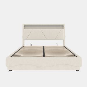 Cama estofada 160x200 cm - Cabeceira com LED e prateleiras, espaço de armazenamento adicional, base de gás silenciosa, portas USB certificadas, bolsos laterais - Bege