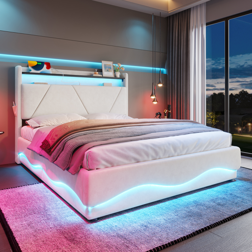 Cama estofada 160x200 cm - Cabeceira com LED e prateleiras, espaço de armazenamento adicional, base de gás silenciosa, portas USB certificadas, bolsos laterais - Bege Cama estofada 160x200 cm - Cabeceira com LED e prateleiras, espaço de armazenamento adicional, base de gás silenciosa, portas USB certificadas, bolsos laterais - Bege