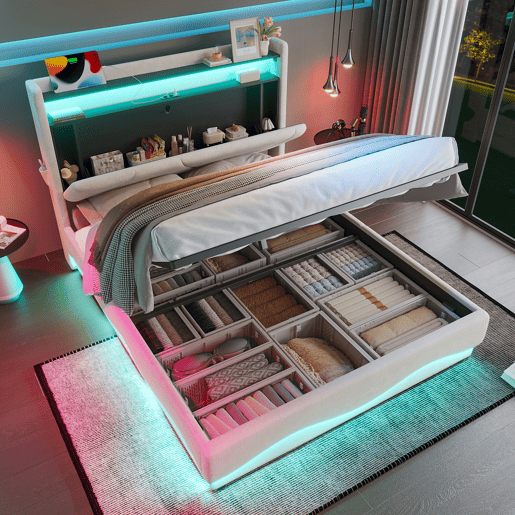 Cama estofada 160x200 cm - Cabeceira com LED e prateleiras, espaço de armazenamento adicional, base de gás silenciosa, portas USB certificadas, bolsos laterais - Bege Cama estofada 160x200 cm - Cabeceira com LED e prateleiras, espaço de armazenamento adicional, base de gás silenciosa, portas USB certificadas, bolsos laterais - Bege