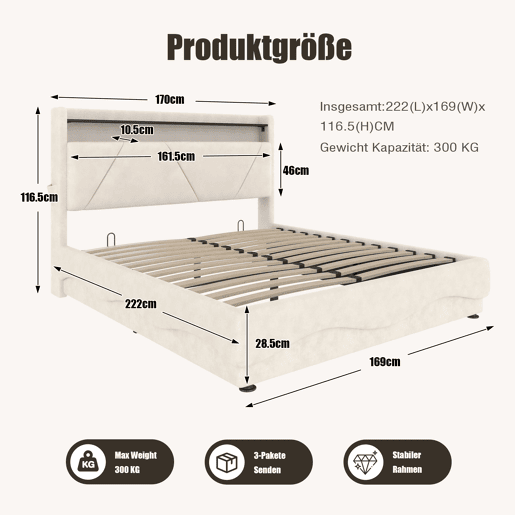 Cama estofada 160x200 cm - Cabeceira com LED e prateleiras, espaço de armazenamento adicional, base de gás silenciosa, portas USB certificadas, bolsos laterais - Bege Cama estofada 160x200 cm - Cabeceira com LED e prateleiras, espaço de armazenamento adicional, base de gás silenciosa, portas USB certificadas, bolsos laterais - Bege