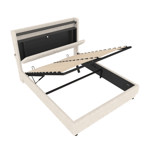 Cama estofada 160x200 cm - Cabeceira com LED e prateleiras, espaço de armazenamento adicional, base de gás silenciosa, portas USB certificadas, bolsos laterais - Bege Cama estofada 160x200 cm - Cabeceira com LED e prateleiras, espaço de armazenamento adicional, base de gás silenciosa, portas USB certificadas, bolsos laterais - Bege