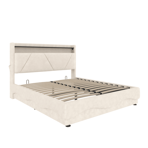 Cama estofada 160x200 cm - Cabeceira com LED e prateleiras, espaço de armazenamento adicional, base de gás silenciosa, portas USB certificadas, bolsos laterais - Bege Cama estofada 160x200 cm - Cabeceira com LED e prateleiras, espaço de armazenamento adicional, base de gás silenciosa, portas USB certificadas, bolsos laterais - Bege