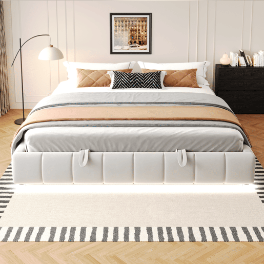Cama individual 180x200 cm - Estrutura flutuante hidráulica com arrumação, sem cabeceira, com faixa LED, bege Cama individual 180x200 cm - Estrutura flutuante hidráulica com arrumação, sem cabeceira, com faixa LED, bege