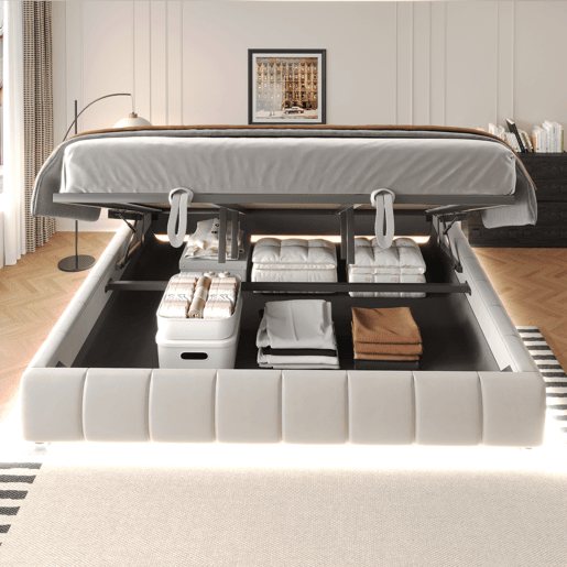 Cama individual 180x200 cm - Estrutura flutuante hidráulica com arrumação, sem cabeceira, com faixa LED, bege Cama individual 180x200 cm - Estrutura flutuante hidráulica com arrumação, sem cabeceira, com faixa LED, bege