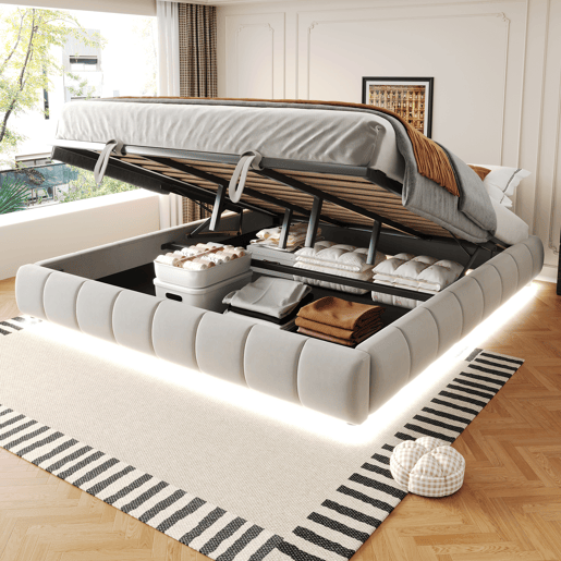 Cama individual 180x200 cm - Estrutura flutuante hidráulica com arrumação, sem cabeceira, com faixa LED, bege Cama individual 180x200 cm - Estrutura flutuante hidráulica com arrumação, sem cabeceira, com faixa LED, bege