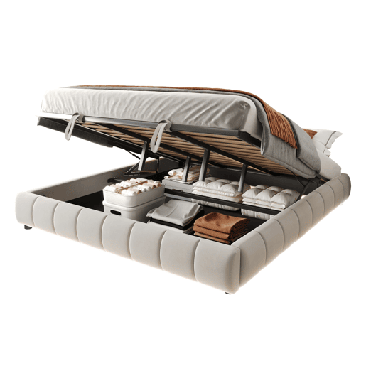 Cama individual 180x200 cm - Estrutura flutuante hidráulica com arrumação, sem cabeceira, com faixa LED, bege Cama individual 180x200 cm - Estrutura flutuante hidráulica com arrumação, sem cabeceira, com faixa LED, bege