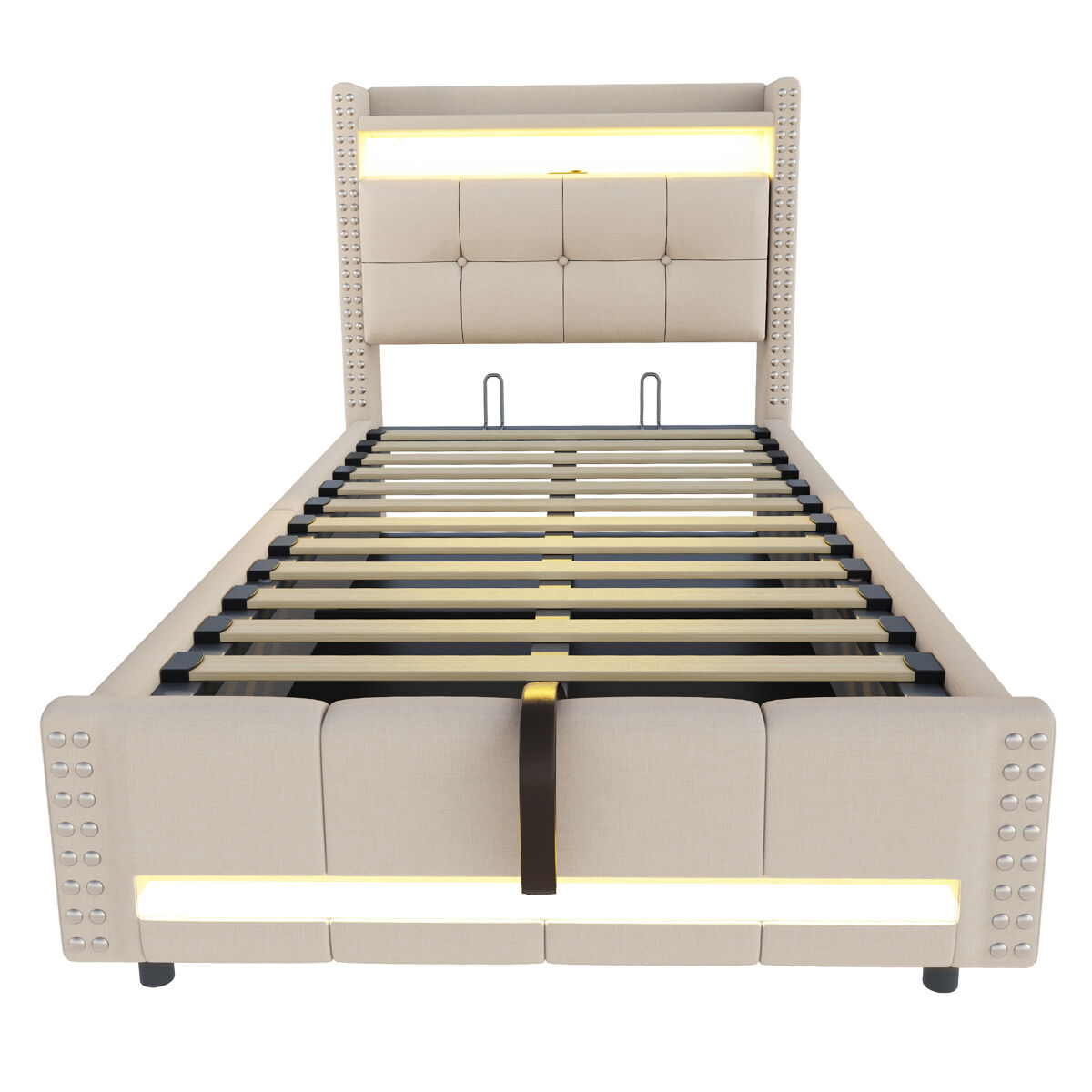 Cama infantil 90x200 - con led, usb, cabezal con estantes y almacenamiento, hidráulico para almacenamiento - beige