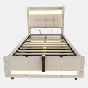 Cama infantil 90x200 - com LED, USB, cabeceira com prateleiras e arrumação, hidráulica para arrumação - Bege
