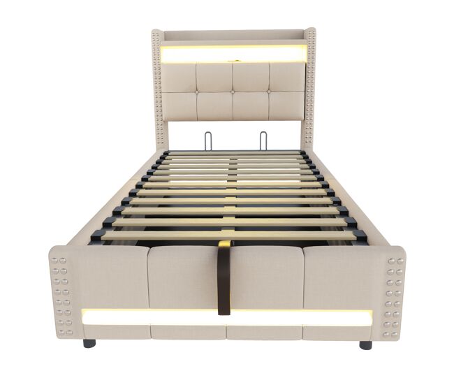 Cama infantil 90x200 - con led, usb, cabezal con estantes y almacenamiento, hidráulico para almacenamiento - beige