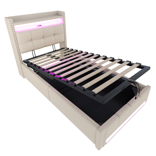 Cama infantil 90x200 - com LED, USB, cabeceira com prateleiras e arrumação, hidráulica para arrumação - Bege Cama infantil 90x200 - com LED, USB, cabeceira com prateleiras e arrumação, hidráulica para arrumação - Bege