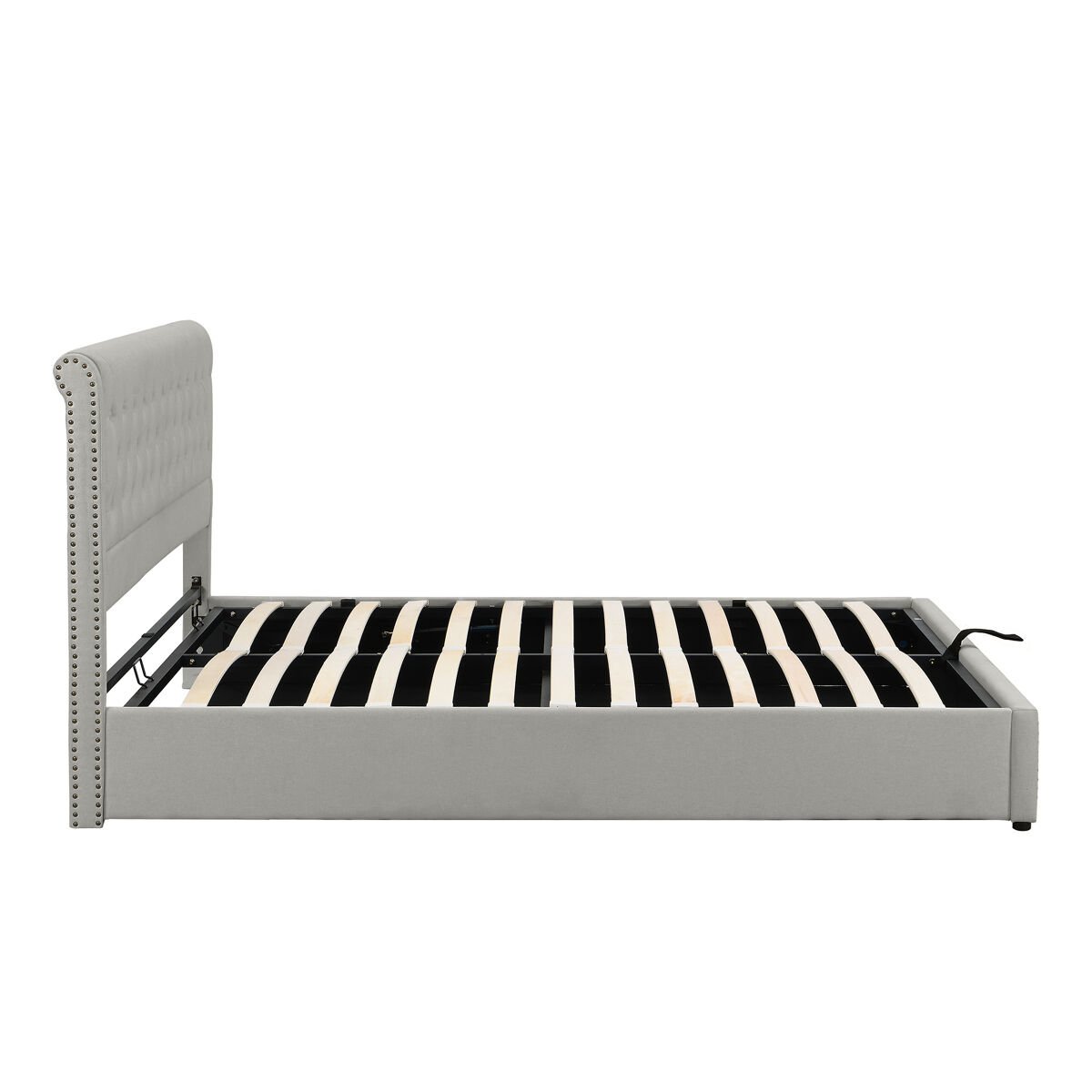 Cama contenedor tapizada de lino - decorada con remaches - con somier de láminas - 180x200cm - gris claro