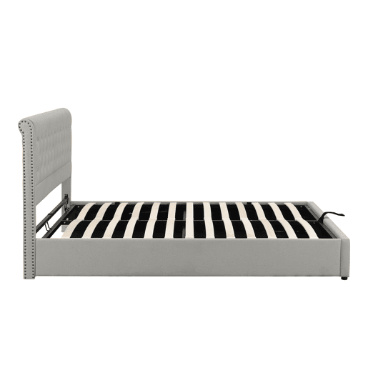Cama contentora estofada em linho - decorada com rebites - com estrado de ripas - 180x200cm - Cinzento claro