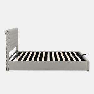 Cama contentora estofada em linho - decorada com rebites - com estrado de ripas - 180x200cm - Cinzento claro