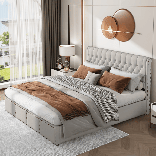Cama contentora estofada em linho - decorada com rebites - com estrado de ripas - 180x200cm - Cinzento claro