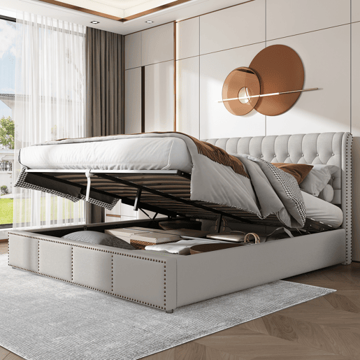Cama contentora estofada em linho - decorada com rebites - com estrado de ripas - 180x200cm - Cinzento claro