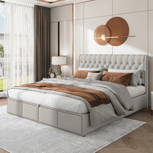 Cama contentora estofada em linho - decorada com rebites - com estrado de ripas - 180x200cm - Cinzento claro