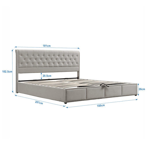 Cama contentora estofada em linho - decorada com rebites - com estrado de ripas - 180x200cm - Cinzento claro
