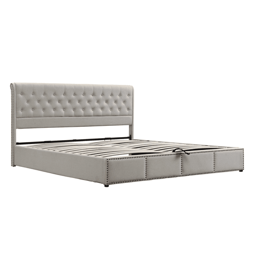 Cama contentora estofada em linho - decorada com rebites - com estrado de ripas - 180x200cm - Cinzento claro