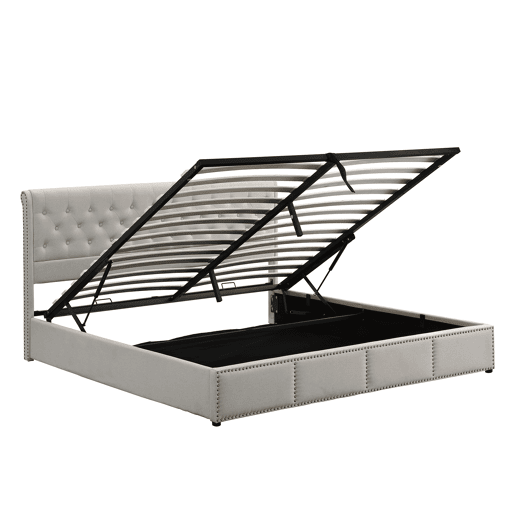 Cama contentora estofada em linho - decorada com rebites - com estrado de ripas - 180x200cm - Cinzento claro