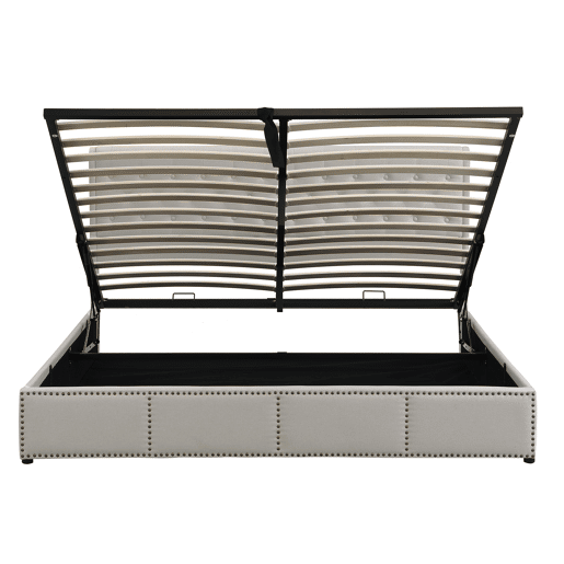 Cama contentora estofada em linho - decorada com rebites - com estrado de ripas - 180x200cm - Cinzento claro
