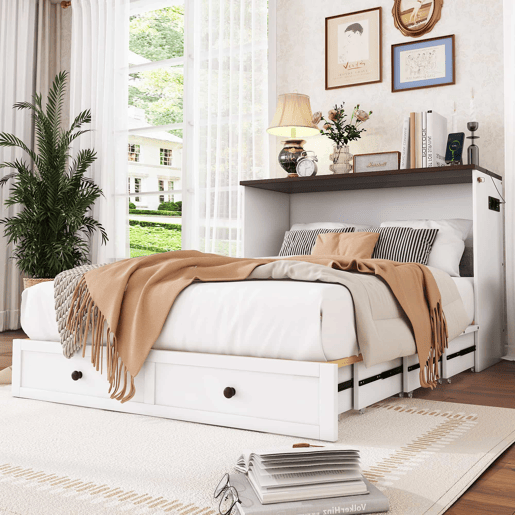 Cama retrátil de madeira 140x200 cm - com tomadas USB e arrumação - Branco Cama retrátil de madeira 140x200 cm - com tomadas USB e arrumação - Branco